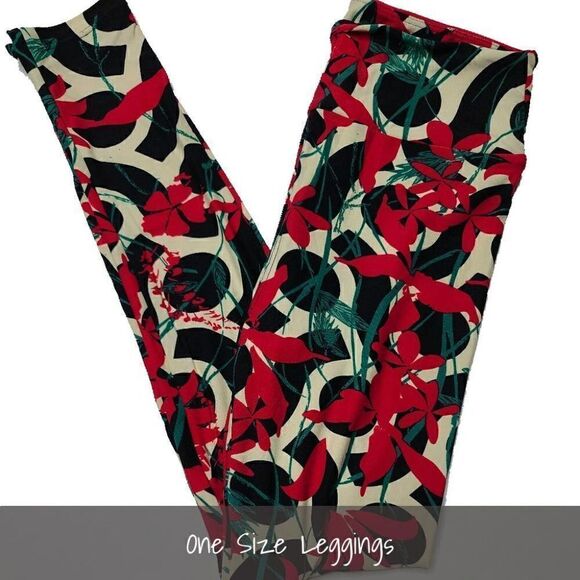 LuLaRoe OS Leggings Floral Red Green Black NEW - Picture 1 of 1